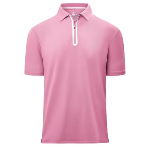 V VALANCH Mens Zipper Polo Shirts Short Sleeve Moisture Wicking Outdoor Golf Shirt Collared Athletic Tennis Polo Medium P1553-pink