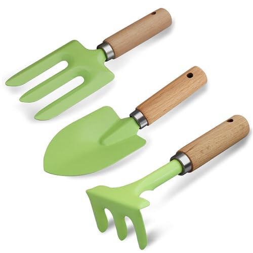 Fhkpsqkcn Herramienta de jardín de infantes 3 piezas con mangos de madera incluye palas rastrillos tenedor perfecto para manos pequeñas Backyard Beach diversión