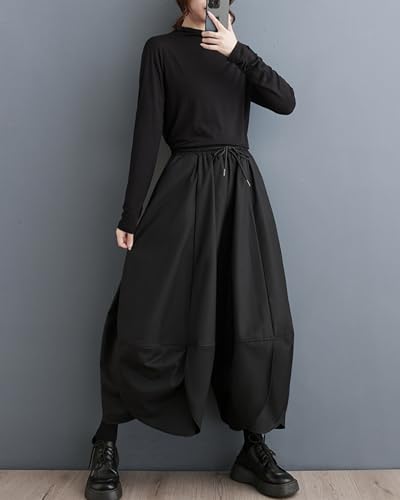 ellazhu Women's Puffy Drawstring Elastic Waist Drop Crotch Hakama Harem Wide Leg Pants GZ81 A4