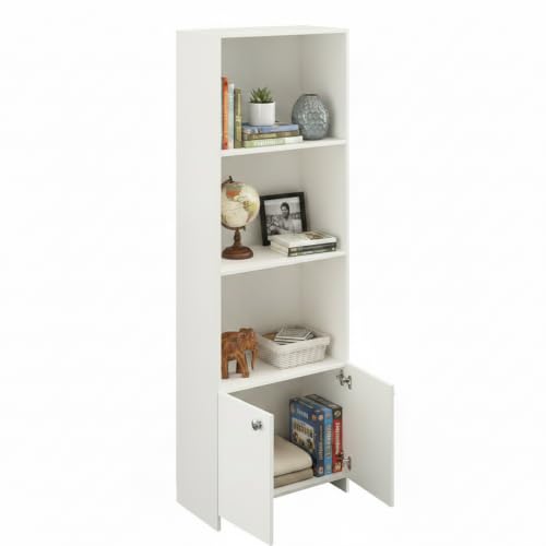 Image of FURNEASER Regal Tall Wooden Bookshelf with 2-Door Cabinet & 3 Open Shelves | Modern Multipurpose Bookcase for Living Room, Bedroom & Office | Engineered Wood, 161 x 50 x 30 cm (White)