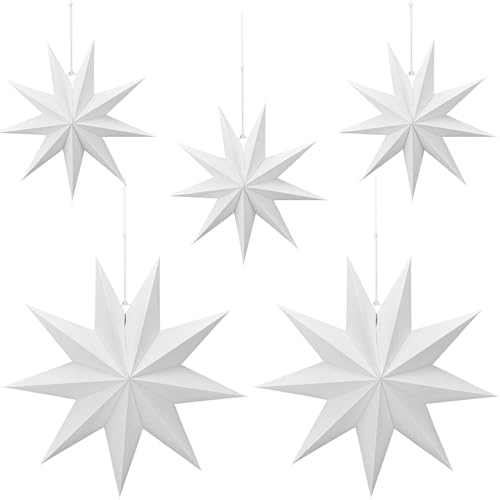 GangGangBAO 5 Stück Papiersterne, Papier Stern Dekoration 9 Zacken Weihnachtssterne Neujahrsfest Christmas Decorations für Weihnachts Hochzeit Geburtstag Tischdeko 30cm 45cm...