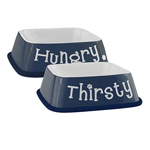 Bone Dry Hungry & Thirsty Pet Bowl, 6.75 x 6.75 x 2, Nautical Blue, 2 Piece