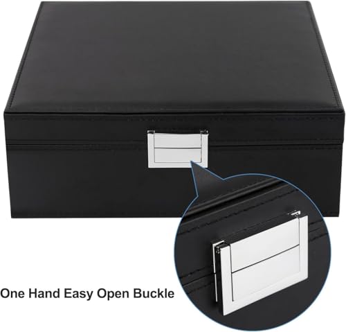 BEWISHOME Ring Organizer and Earring Box Holder - 11 Ring Slots, 25 Earring Compartments, Large Mirror, 2 Layers Jewelry Box Tray Cufflinks Storage for Girls Women Men, Black Faux Leather SSH21B
