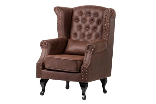 HABITMOBEL Butaca Sillon diseño Orejero en Simil Piel Color Marron Patas Madera, Dimensiones 70 x 76 x 106 cm