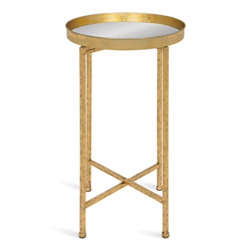 Image of Kate and Laurel Celia Round Metal Foldable Accent Table with Mirror Tray Top, Gold