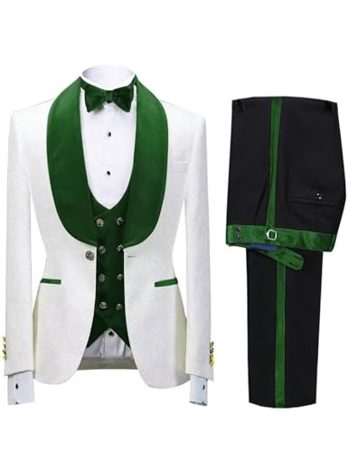 Men's 3 Piece Suit Slim Fit Floral Jacquard Tuxedo Velvet Suits Dark Green