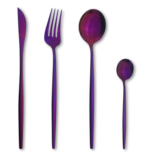 Image of aDai Raspberry Purple Silverware Set | Satin Finish 4-Piece Stainless Steel Flatware Set | Dishwasher Safe Cutlery for Home, Restaurant & Gifting
