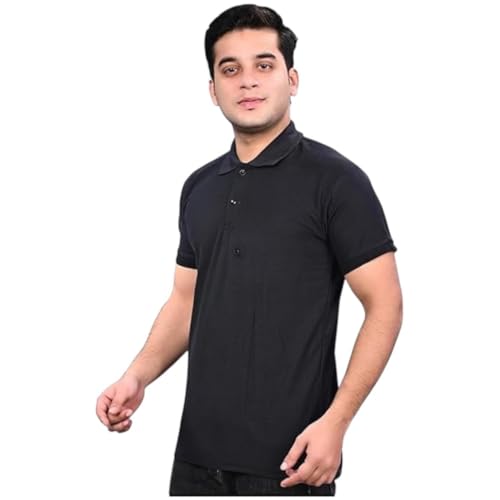 Image of Men Black Solid Polo Collar T-Shirt Half Sleeves | Plain-Regular Fit