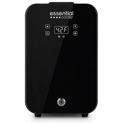 Essential Cooler Classic Compact Portable Mini Fridge - Touch Temperature Control Removable Shelves Lockable Smoked Glass Door for Skincare Cosmetics Peptides Supplements & More