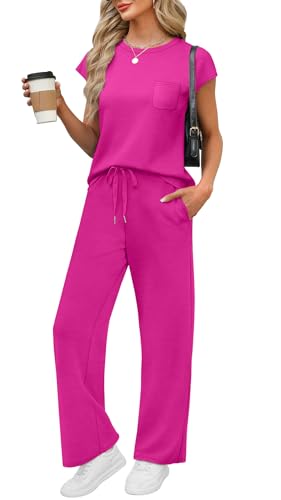 Image of WIHOLL 2 Piece Sets for Women Casual Summer Travel Vacation Outfits Cap Sleeve Lounge Set