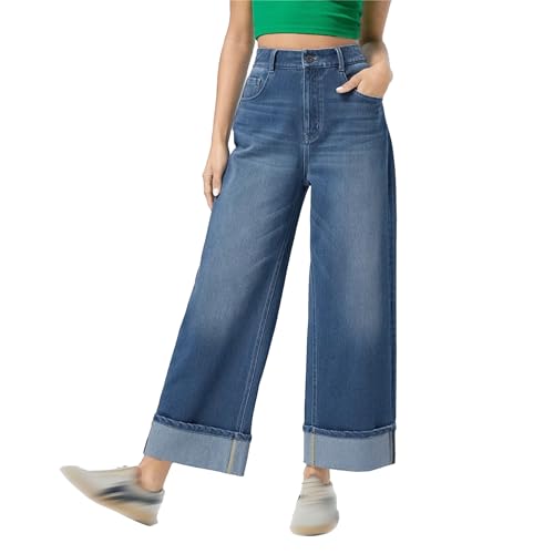 Women's Washed Dark Blue Straight Leg Jeans High Stretch Washed High Waist Jeans Wide Leg Fashion Nine-Point Jeans