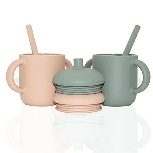 Image of DONGMEI Silicone Straw Cup, silicone sippy cups for baby, 100% Soft Silicone Straw Trainer Cup For Infant, silicone sippy cup baby, 5 Oz (Pink & Armygreen 2 Pieces)