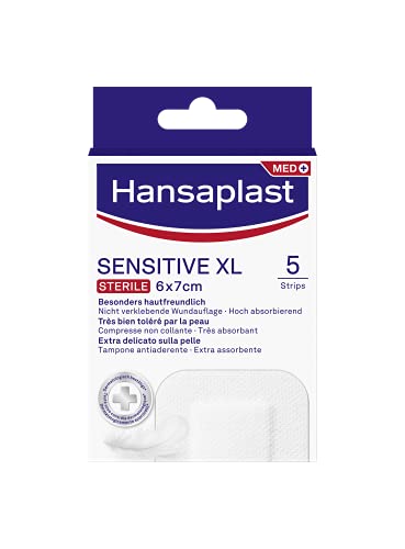 Hansaplast Apósitos Sensitive XL, apósitos para la protección de heridas medianas a grandes, parches hipoalergénicos y estériles sin látex, 1 paquete de 5 unidades de 6 x 7 cm