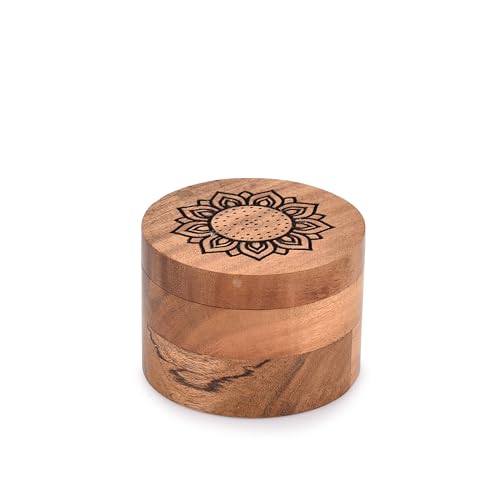 BHAVATU Spice Rack Acacia Wood Kitchen Salt Box With Flower Engraved on Lid with Magnetic Swivel Lid (3.5