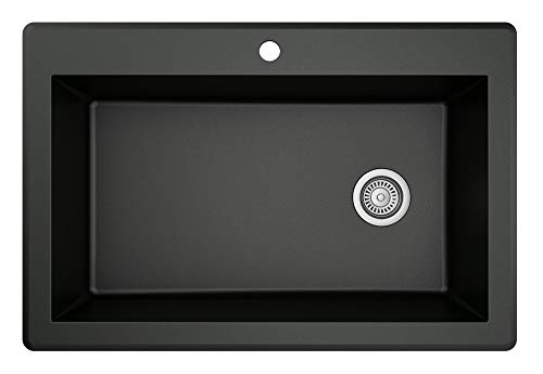 Karran QT-670 Drop-In/Top Mount 33' Single Bowl Granite Quartz Composite Kitchen Sink in Black Right Side Drain, Extra Deep 9' Basin, Heat & Scratch Resistant, Sound Dampening