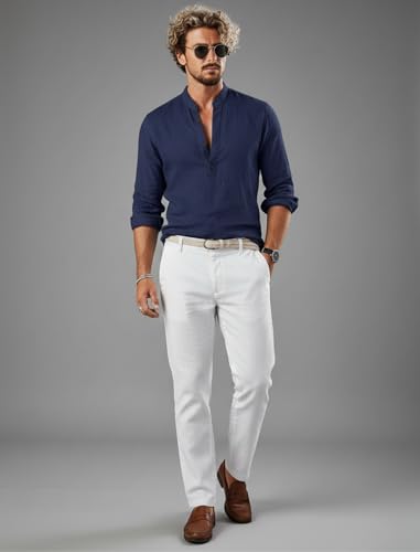 Image of Men's Cotton Blend Straight Kurta Shirt with Mandarin Collar - Slim Fit Casual Short Kurti Featuring Textured Slub Fabric and Roll-Up Full Sleeves