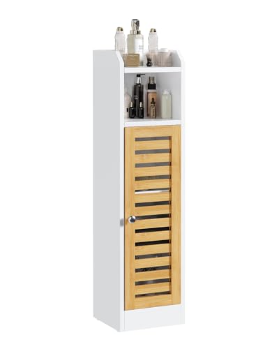 FORABAMB Badezimmerschrank, Toilettenschrank mit 2 offenen Fächern & Verstellbare Ablagen, Badschrank schmal mit Bambustür, Badregal für Badezimmer, Wohnzimmer, Küche, platzsparend, 20×20×80 cm, Weiß