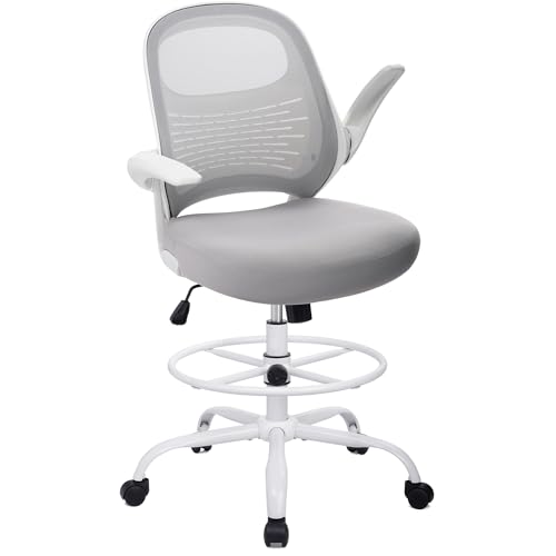 Image of HYLONE Tall Drafting Chair Standing Desk Chair with Flip-Up Armrests, Adjustable Height Ergonomic Office Chair with Footrest Ring - High Stool Chair for Standing Desk (Light Grey)