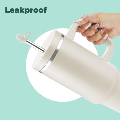 Image of Milton My Tumbler 1200 Thermosteel Double Wall Vacuum Insulated Stainless Steel Tumbler with Handle 1100ml,Leak Proof Travel Mug with Straw,Silicon Cap Cleaning Brush, Hot & Cold Beverage Flask, Ivory