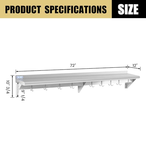 Image of Hally Stainless Steel Shelf with 9 Hooks 12 inch x 72 inch Wall Mounted Pot Rack 345lb, NSF Commercial Floating Shelving for Storage Hanging Pots, Pans, cookware in Restaurant, Kitchen, Home and Hotel