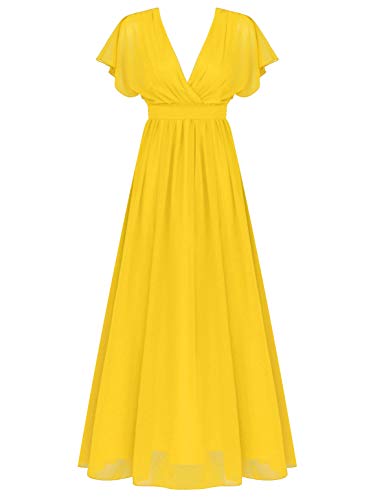 Freebily Dame Femme Robe de Demoiselle d'honneur Mariage Longue Robe Moulante Soirée Cocktail Mousseline Taille Haute Vintage Robe Sexy Col V Classique 34-48 Jaune 40