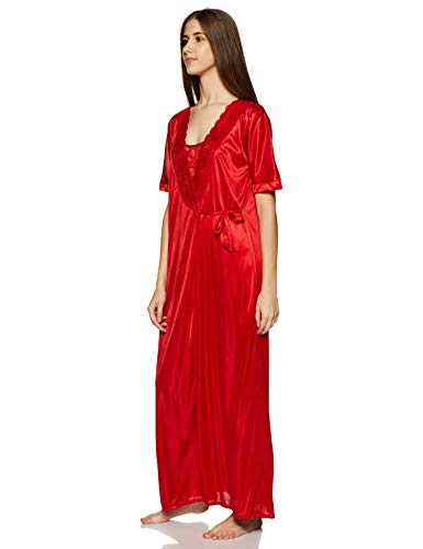 Clovia Women's 4 Pcs Satin Nightwear in Red - Robe, Nightie, Top, Capri - Image 4