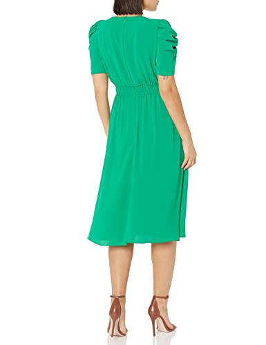 Image of London Times Women's Caterpillar Puff Sleeve Midi Dress - Gathered Waist A-Line Flowy Summer Dress
