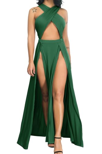 Velius Sexy Maxikleid für Damen, Neckholder, ärmellos, einfarbig, plissiert, Schlitz, lässiges langes Maxikleid, Grün , Klein