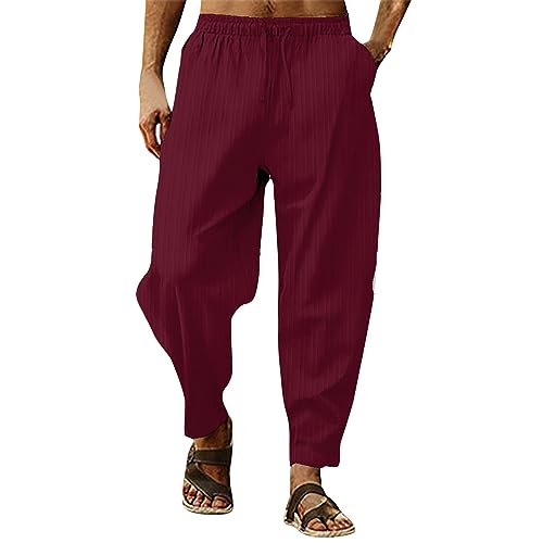 Men's Casual Linen Pants Elastic Waist Drawstring Cotton Linen Pants Beach Summer Pants Harem Yoga Trousers, 11_rd1, Medium