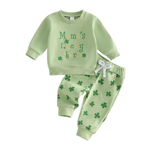 Image of Toddler Baby Boy Girl St Patricks Day Outfit Lucky Embroidery Waffle Long Sleeve Sweatshirt Pants Spring Clothes Set