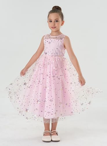 2Bunnies Girls’ Sparkle Star Mesh Illusion Neck A-Line Tulle Maxi Dress3