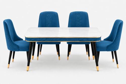 Image of WOODEN SPACE 4 Seater Wooden Dining Table Set | Urban Marble Top Dining Table with Chairs for Dining Room & Kitchen (Modern Vento Blue) (54 x 36 x 30 inch)