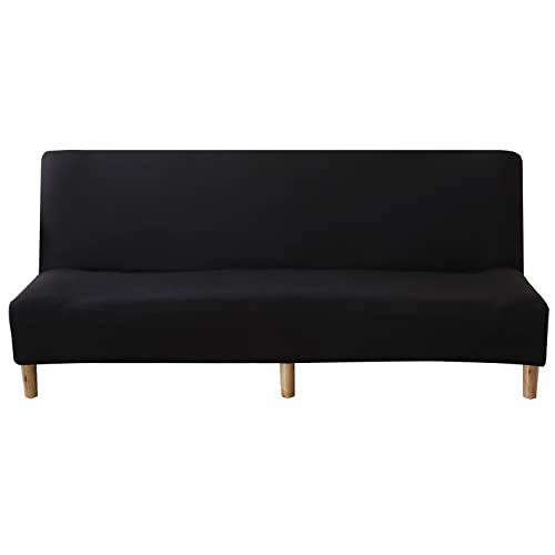 WOMACO Futon Cover Stretch Sofa Bed Slipcovers Full Twin Queen Size Black Armless Couch Loveseat Protector Covers with Elastic Bottom for Living Room Bedroom Furniture (Black, 63″-75″)