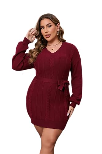 Image of Women's Plus Size Casual Sweater Dress Square Neck Long Lantern Sleeve Tie Waist Loose Pullover Sweater Dresses