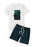 SOLY HUX Men's Summer Tracksuit 2 Piece Beach Outfit Tropical Print Tee and Shorts Set Dark Green White Tropical Large