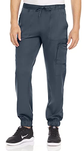 MediChic Men's Scrubs Joggers Pants with 6 Pockets and Elastic Ankle Cuffs in 5 Colors Pewter