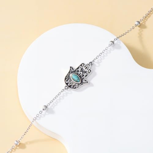 Real Turquoise Hamsa Bracelet 925 Sterling Silver Hand of Fatima Evil Eye Adjustable Link Bracelets Jewelry for Women3