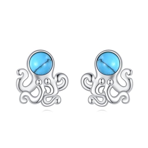 Image of Octopus Stud Earrings 925 Sterling Silver Turquoise Jewelry Clip On Earrings for Women Octopus Gifts for Women Ocean Jewelry Octopus Earrings