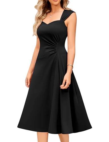 Dressystar Women's Cocktail Party Dress Fall Midi Sleeveless Ruched Flowy A Line Swing Formal Wedding Guest Dresses