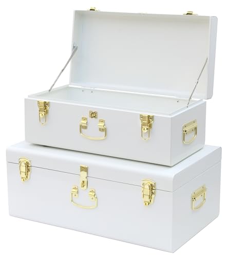 HofferRuffer Pack of 2 Metal Storage Trunk with Lockable Lid & Handles, Heavy Duty Storage Chest for Bedroom, Living Room, Bedding, Blankets and Toys,White