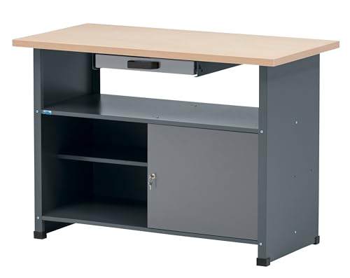 Küpper Banco de trabajo modelo 14119, ancho 120 cm, 1 cajón, 1 compartimento abierto con estante, gris claro antracita (recubrimiento de polvo)