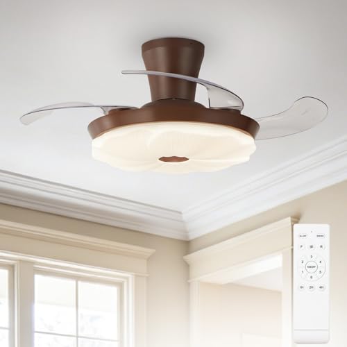 Depuley Retractable Ceiling Fans with Lights: 42 Walnut Flush Mount Fandelier with Light and Remote Control - LED Ceiling Fan with Retractable Fan Blades for Living Dinning Room 6 Speed