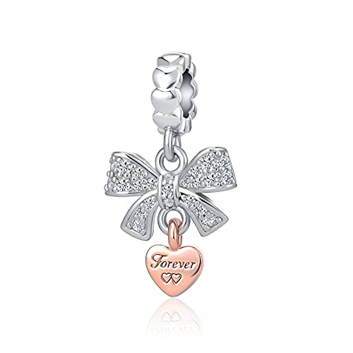 DWJSu Bowknot Love Foever Heart Charm Sparkling Bow Knot Dangle Pandora Charms Bead for Bracelet & Necklace for Women Gilrs