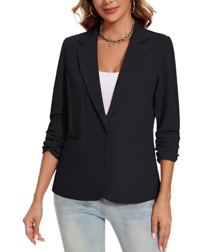 MINTLIMIT Womens Blazer Button Front Notched Lapel Suit Jacket Blazer Lightweight 3/4 Ruched Sleeve Blazer Jacket Elegant Business Formal,Black,XL4