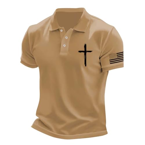 Polo de manga corta para hombre, para trabajo, golf, verano, bandera nacional y cruz, camisetas casuales con botones, caqui, L