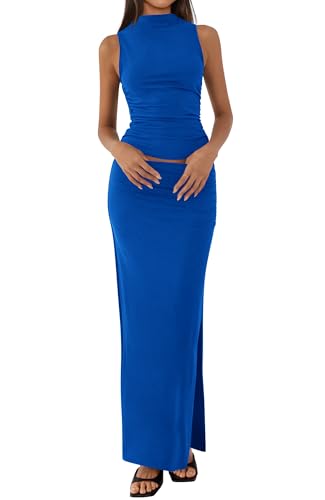 BTFBM Summer Two Piece Skirt Set for Women 2025 Dressy Lightweight Sleeveless Knit Top Going Out Split Maxi Skirt Set