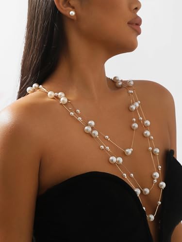 Long Pearl Necklaces Three-Strand Long Chains Pearl Beads Necklaces Earrings Set Dainty Multiple Strands Long Necklace With Pearl Earrings for Wedding Party3