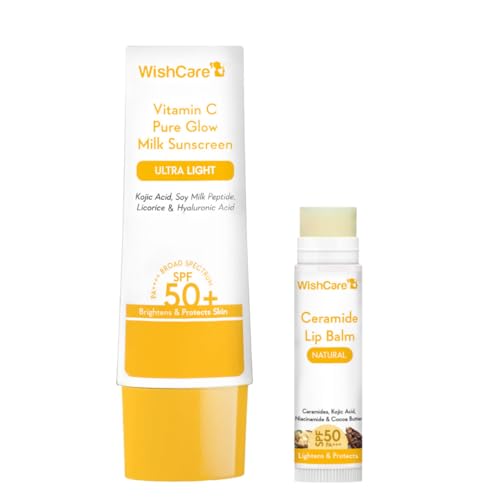 Image of WishCare Vitamin C Pure Glow Milk Sunscreen SPF 50 PA++++ 50g with SPF 50 PA+++ Brightening Lip Balm 5g for Dark Lips with Kojic Acid & Niacinamide for Women & Men