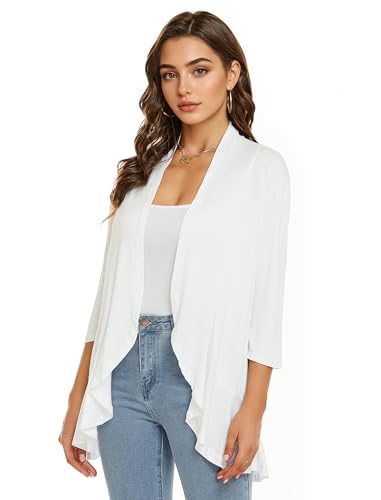 Image of YnimioAOX Women's Cardigan Lightweight Open Front 3 /4 Sleeves Draped Ruffles Knit Cardigan Sweaters