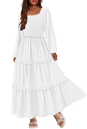 HOSIKA Girls Fall Long Sleeve Swiss Dot Smocked A-Line Ruffle Tiered Flowy Maxi Dress with Pockets 6-12 Years